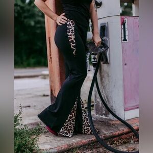 Chic Black Flare Pants with Leopard Accents